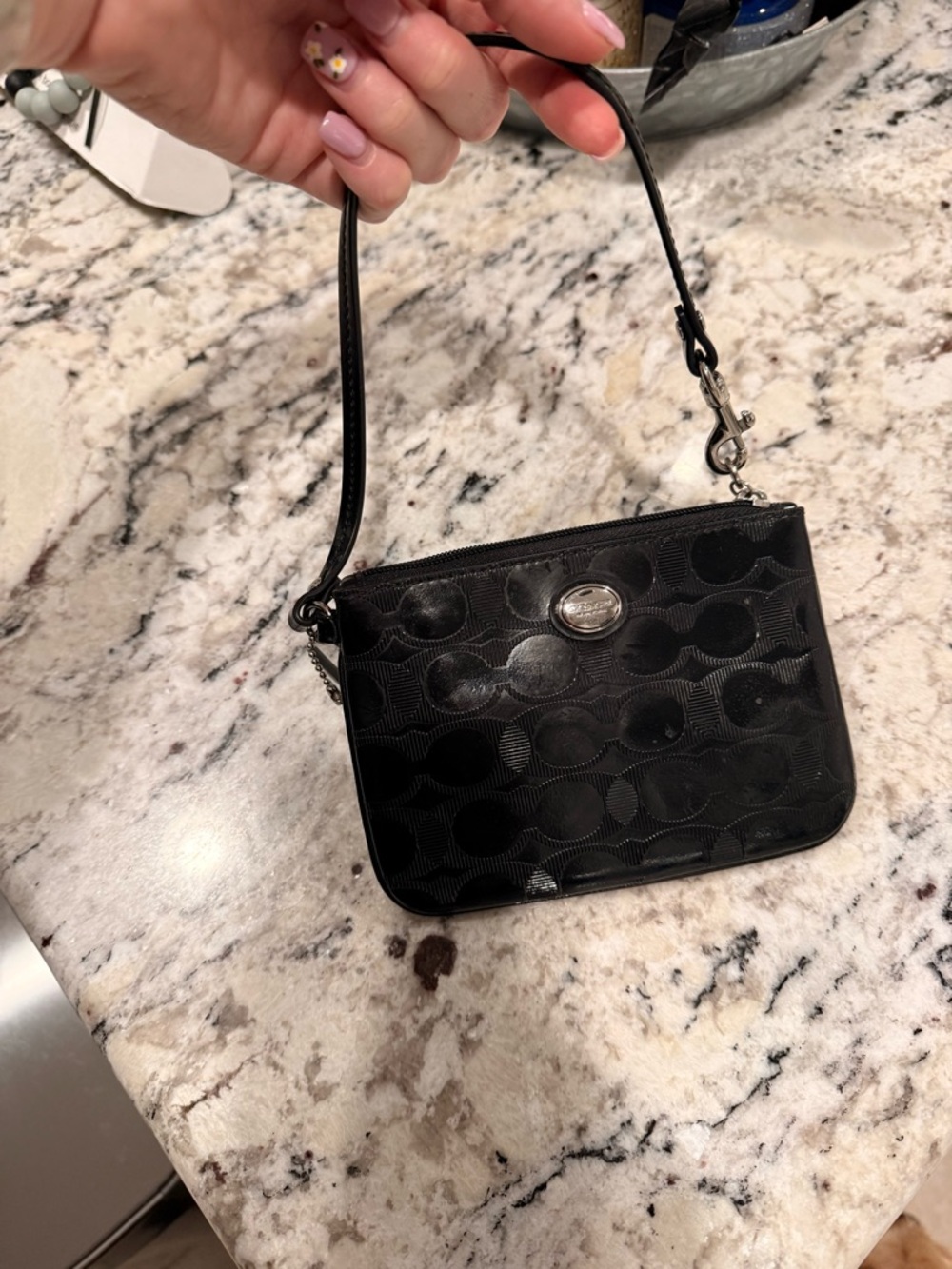 Coach Black Signature Jacquard Small Wristlet with Logo Plaque